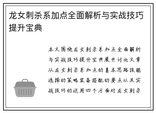 龙女刺杀系加点全面解析与实战技巧提升宝典